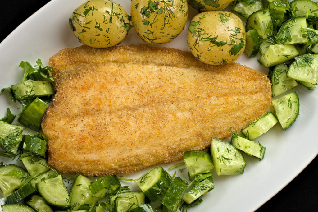 Stegt søtunge med agurk, kartofler, koriander og dild